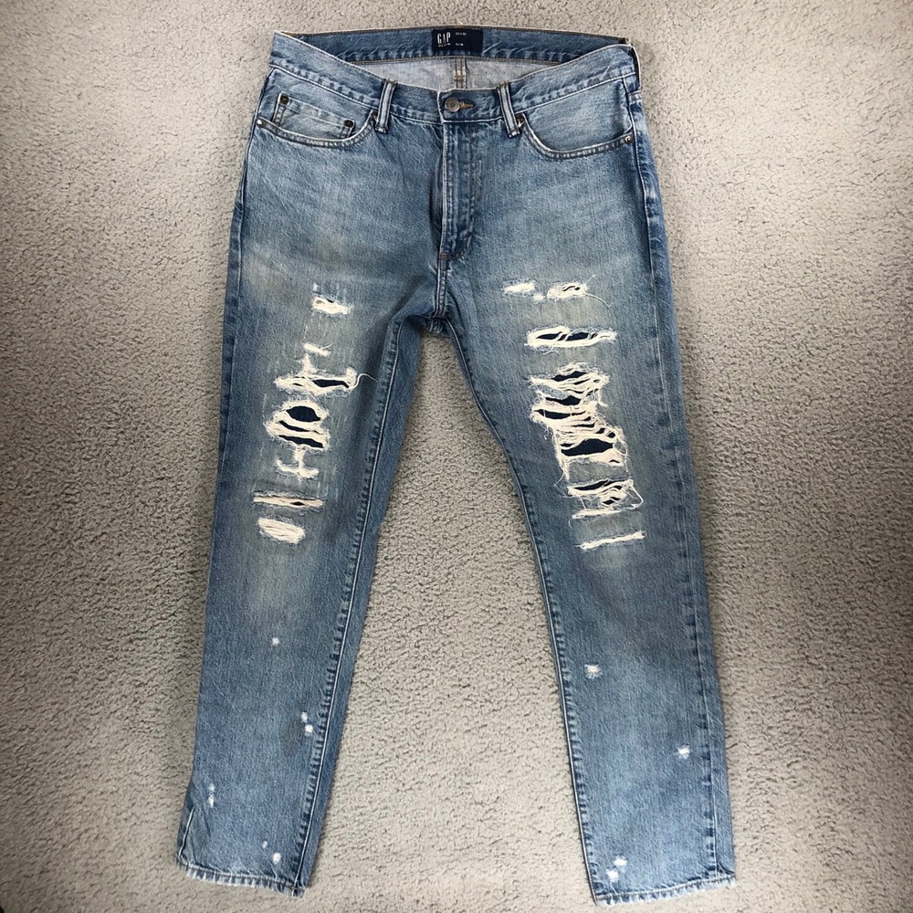 Gap Denim Slim Mens 32x32‎ Light Wash Distressed Ripped Jeans Blue Distressed